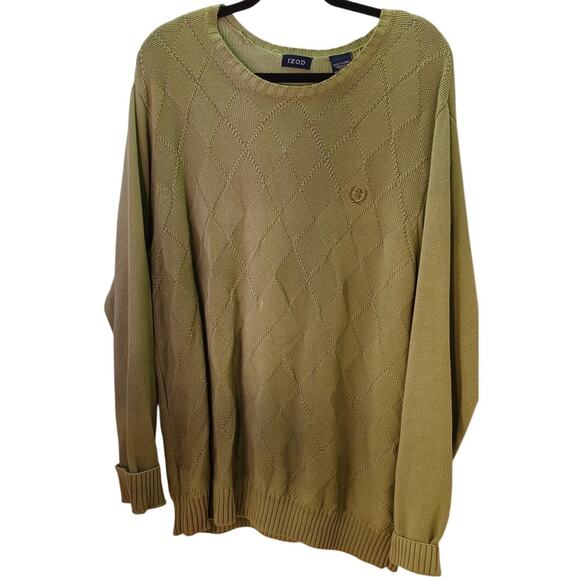 VTG IZOD Men's Large Olive Green Diamond Knit Crewneck Sweater Preppy Old Money - Picture 1 of 7